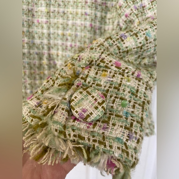 I C E Multicolor Tweed Green and Pink Fringe Blazer - Picture 7 of 8